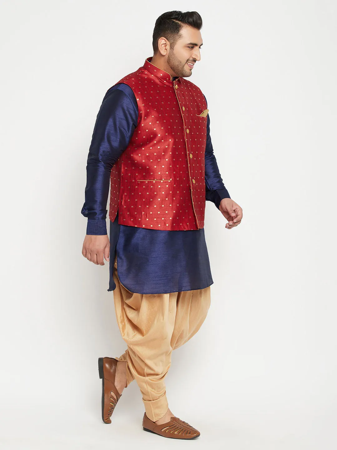 Men's Plus Navy Blue, Maroon And White Silk Blend Jacket Kurta Pyjama Set - Vastramay