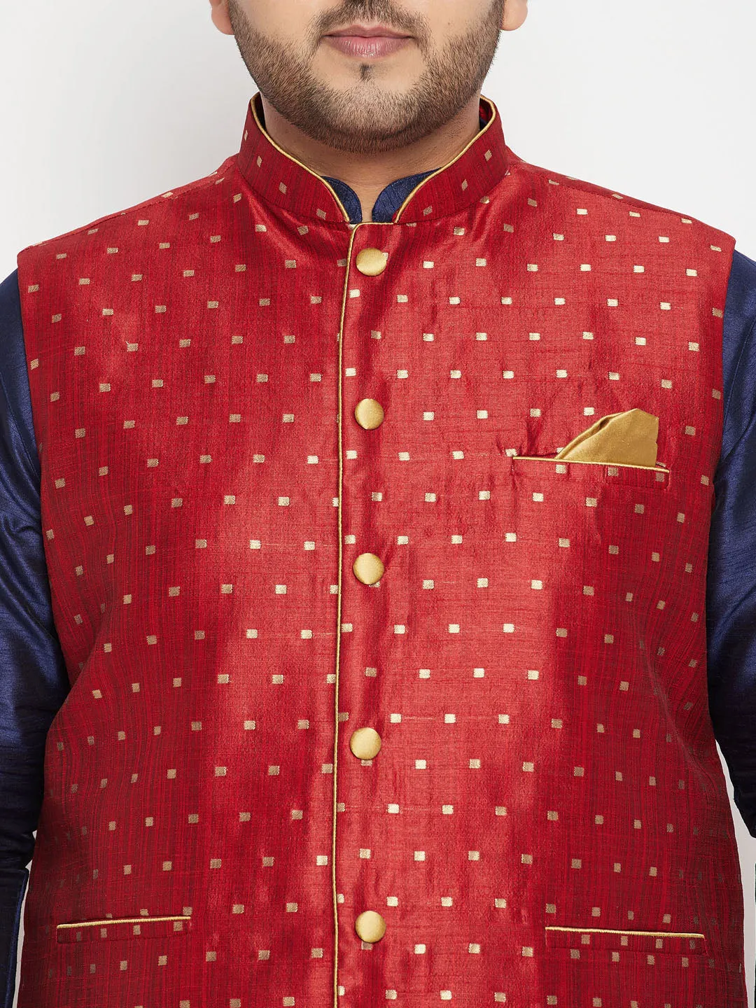 Men's Plus Navy Blue, Maroon And White Silk Blend Jacket Kurta Pyjama Set - Vastramay