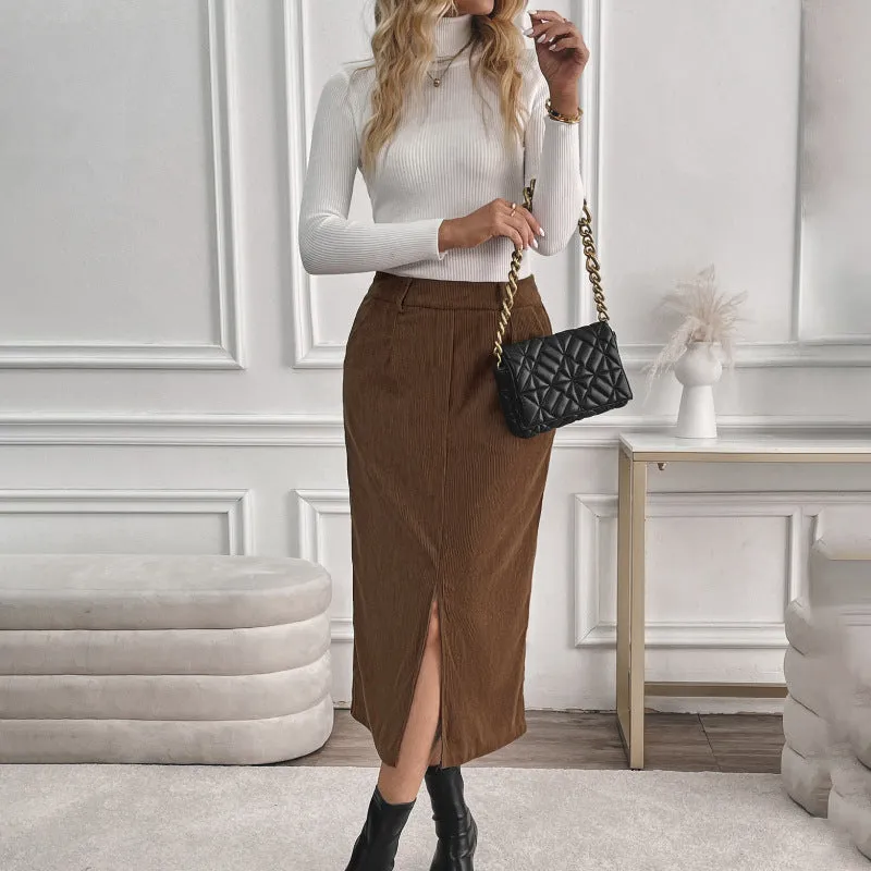 METAVERSMALL 2025 foreign trade  retro corduroy skirt autumn and winter temperament split fork versatile skirt women