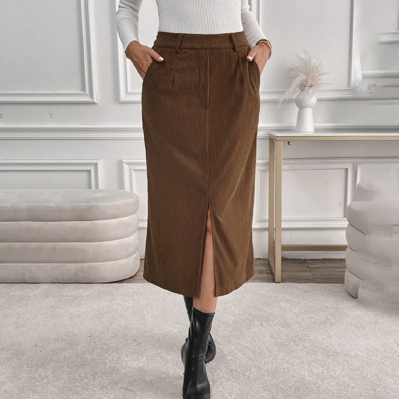 METAVERSMALL 2025 foreign trade  retro corduroy skirt autumn and winter temperament split fork versatile skirt women