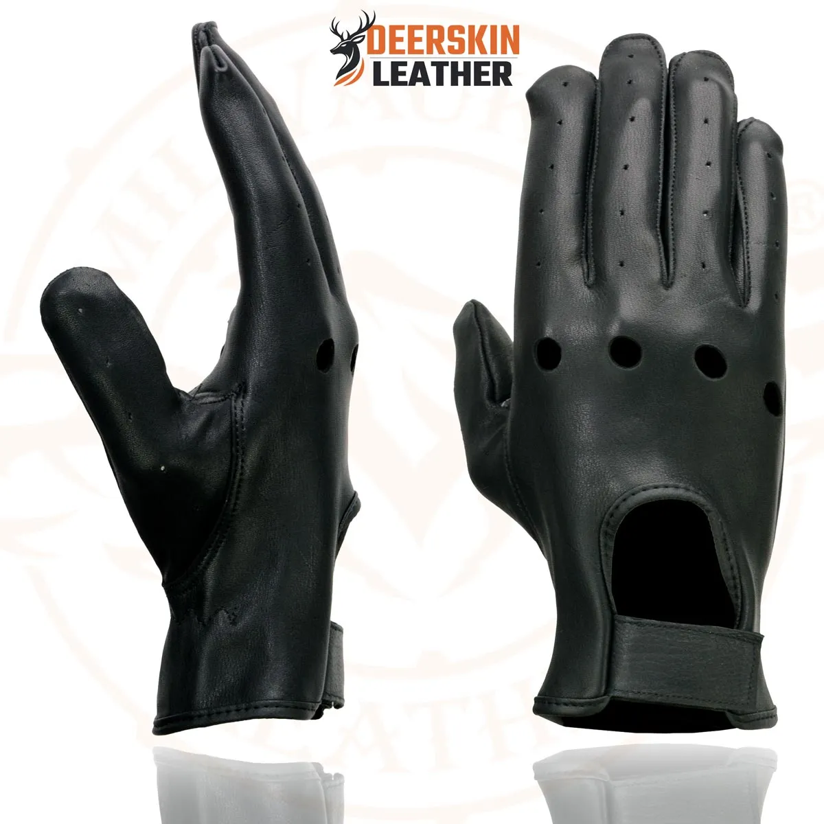 Milwaukee Leather SH868 Men's Black Perforated Deerskin Full Finger Motorcycle Hand Gloves W/ Breathable ‘Open Knuckle’