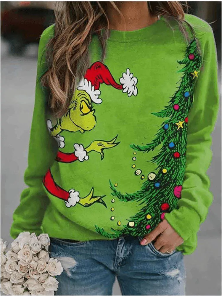 Minerva Long Sleeve Round Neck Christmas Print Sweatshirt