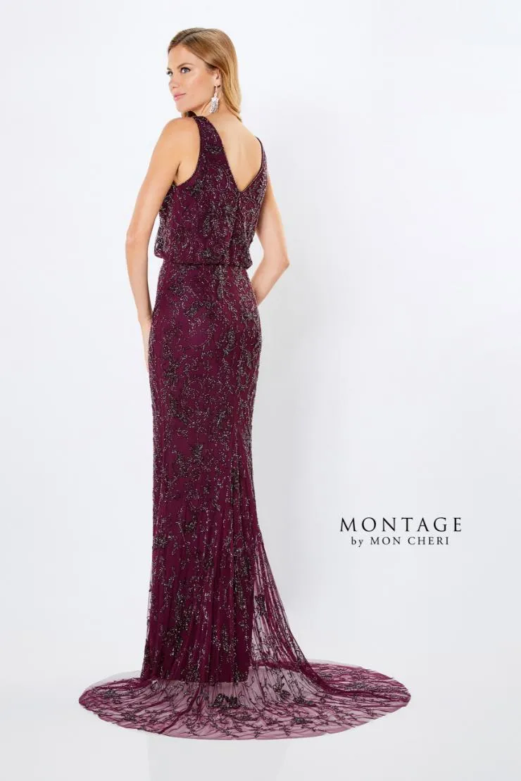 MONTAGE by Mon Cheri 221966 Wine Beaded Sheath Evening Dress