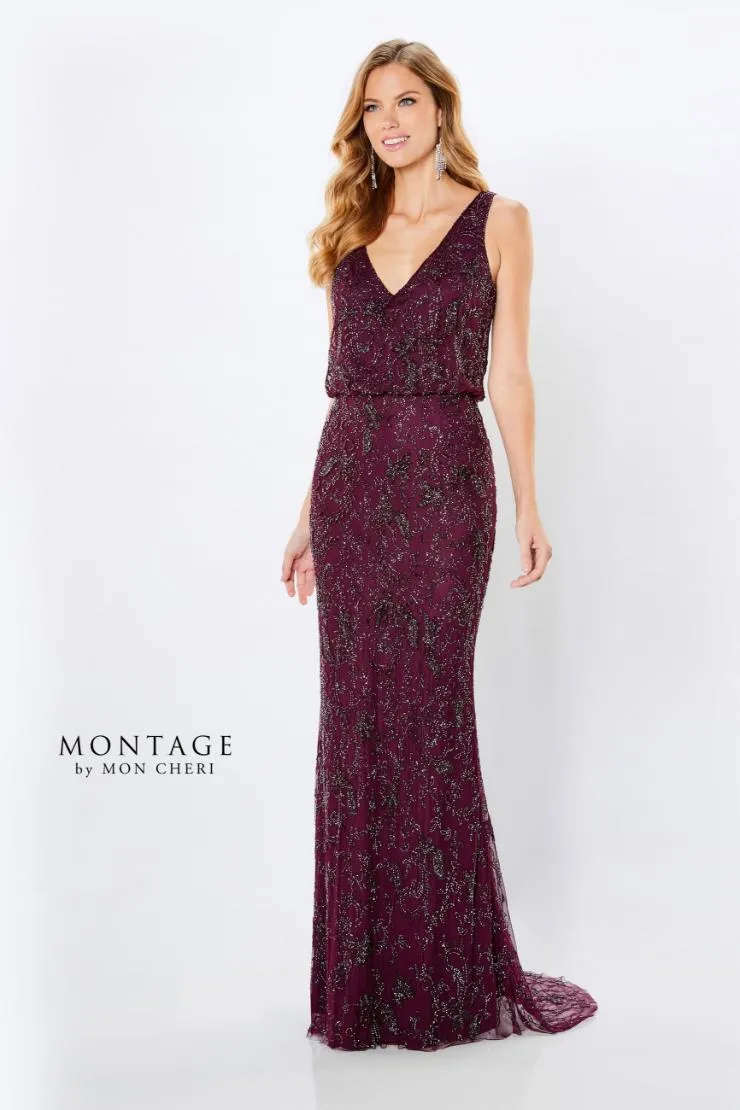 MONTAGE by Mon Cheri 221966 Wine Beaded Sheath Evening Dress