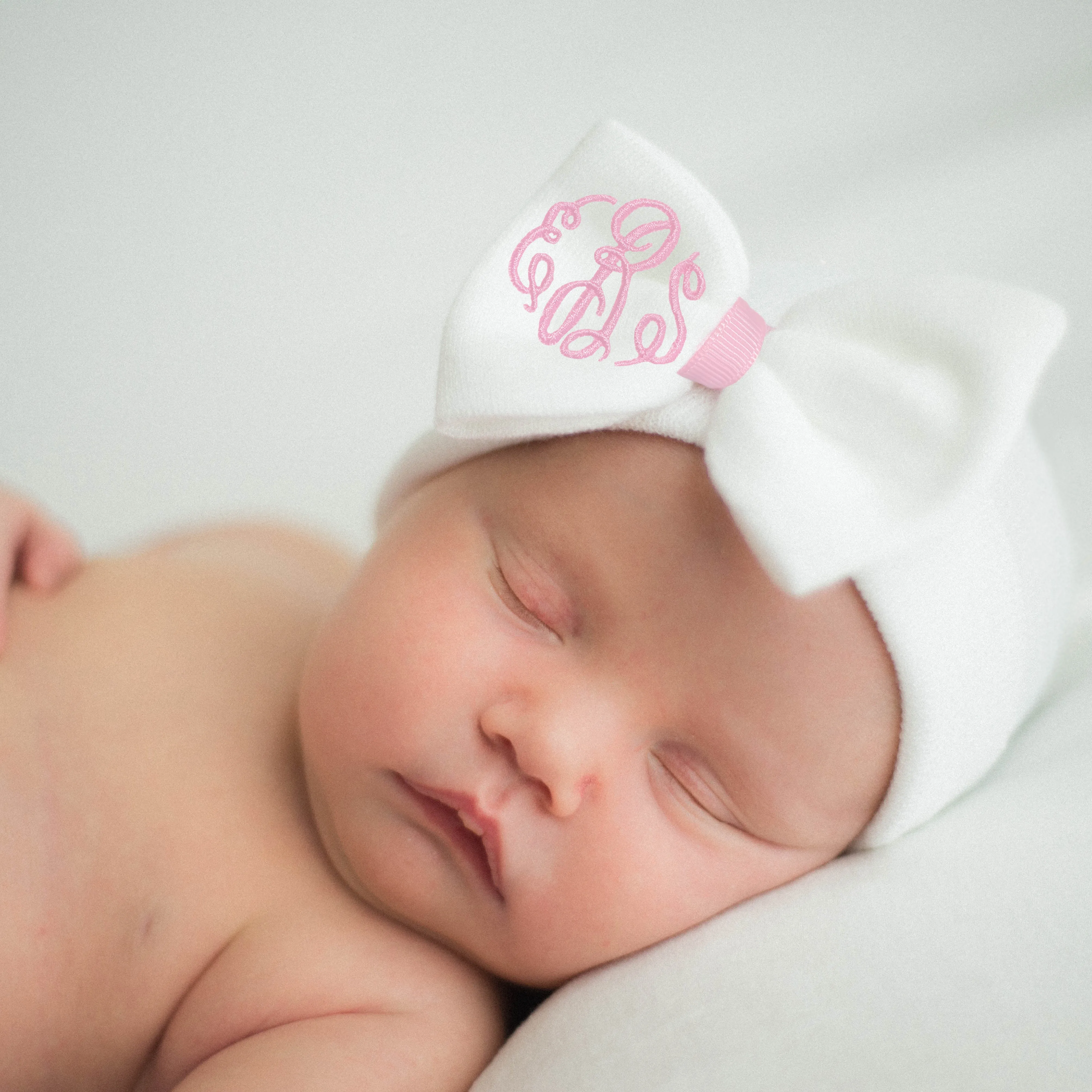 Newborn Baby Girl Hospital Beanie Hat with Embroidered Monogram Bow, Infant Baby Hat Newborn Hat