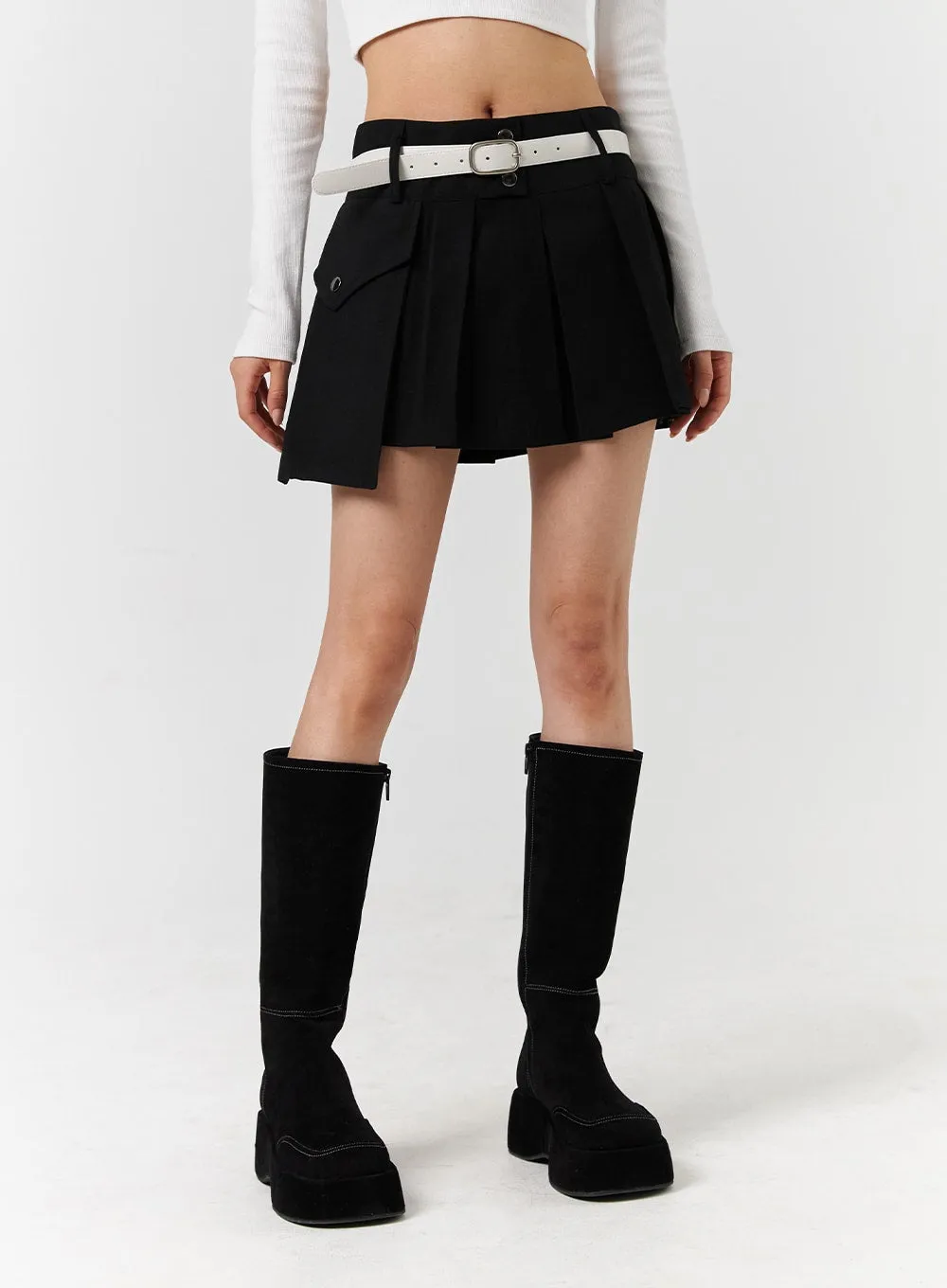 One-Pocket Solid Mid-Waist Pleated Mini Skirt CD322