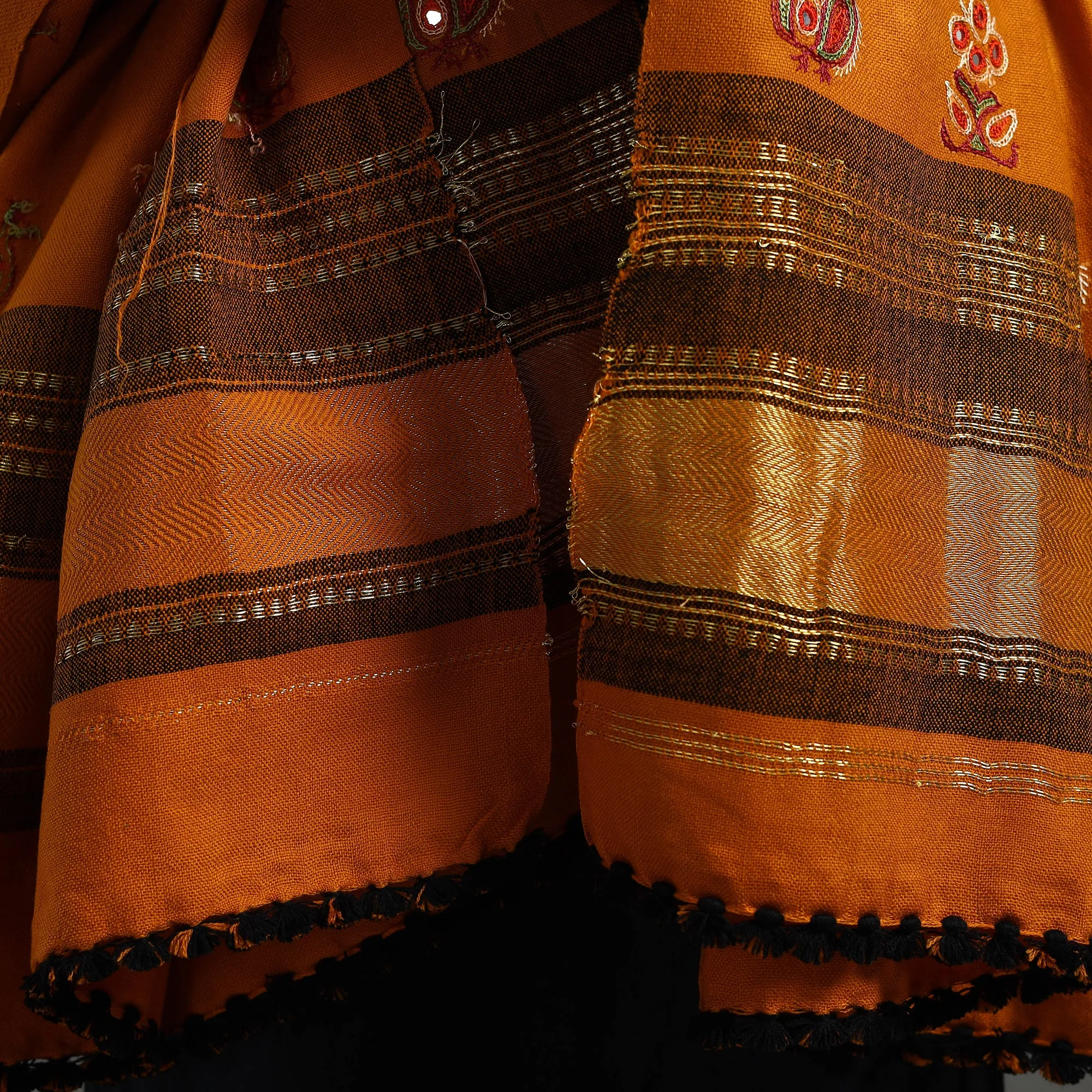 Orange - Kutch Ahir Hand Embroidery Woollen Shawl 52