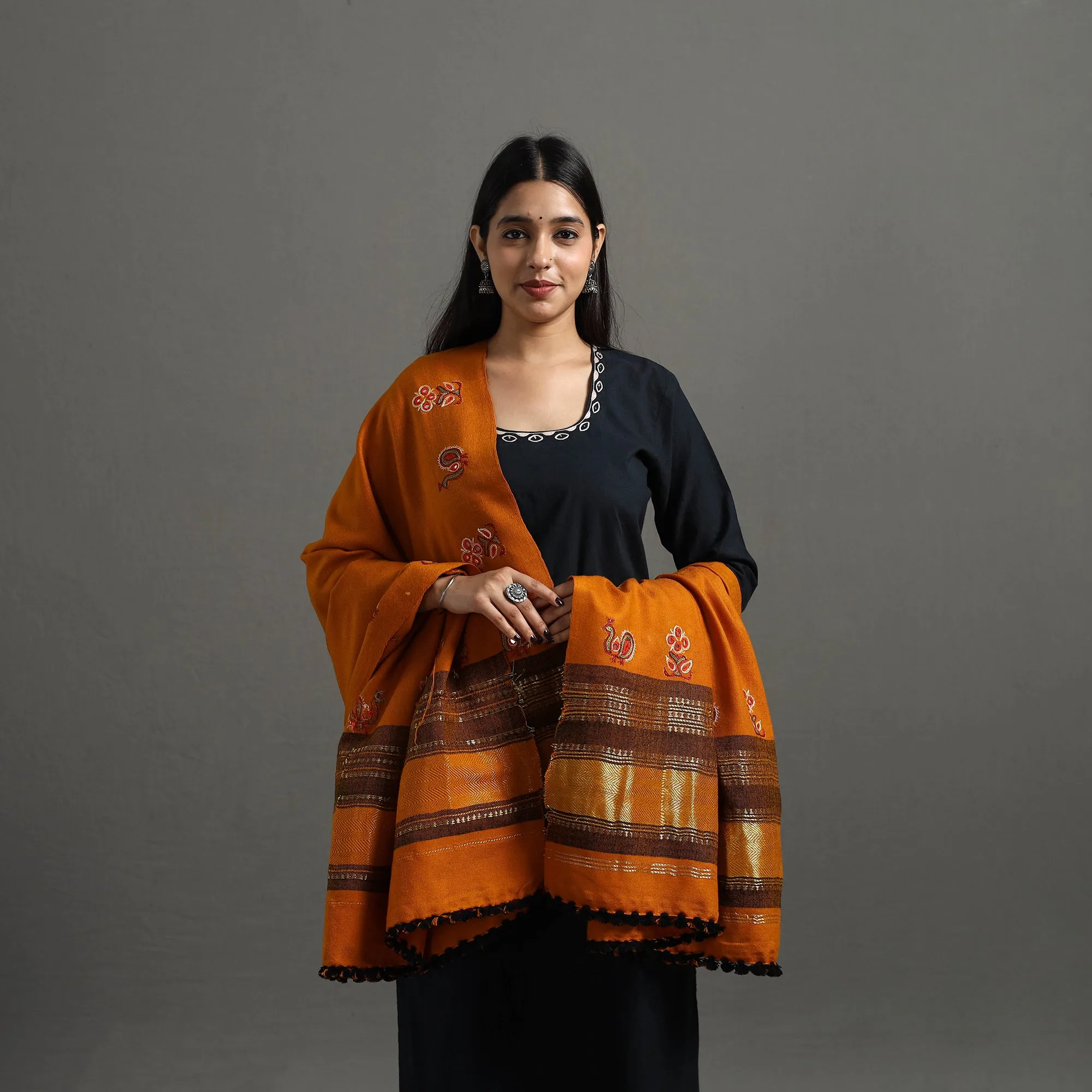 Orange - Kutch Ahir Hand Embroidery Woollen Shawl 52