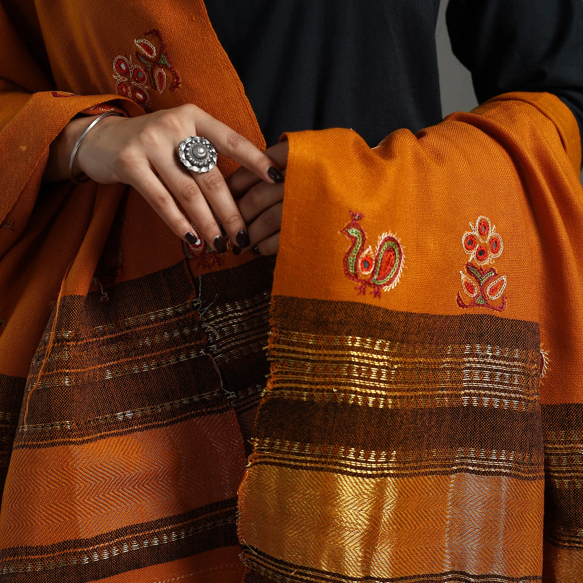 Orange - Kutch Ahir Hand Embroidery Woollen Shawl 52