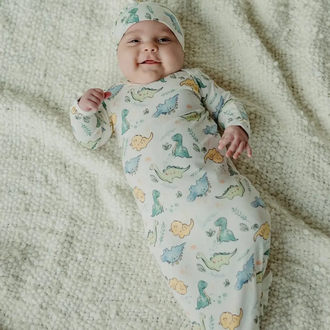 Organic Baby Dinosaur Knotted Gown and Beanie Set