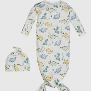 Organic Baby Dinosaur Knotted Gown and Beanie Set