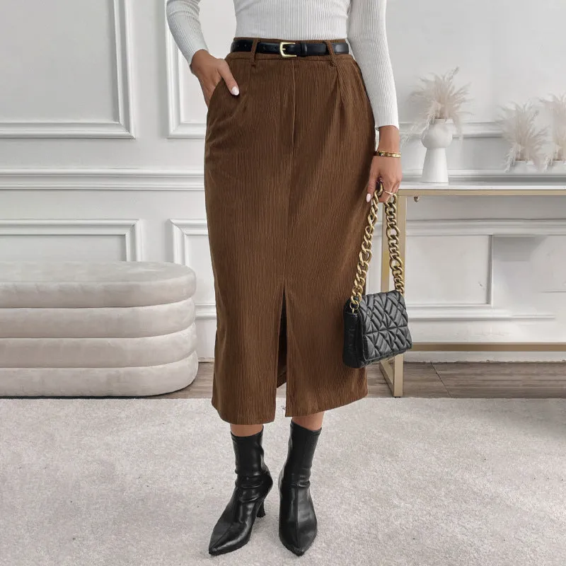 PEOPLETERRITORY   trade  retro corduroy skirt autumn and winter temperament split fork versatile skirt women