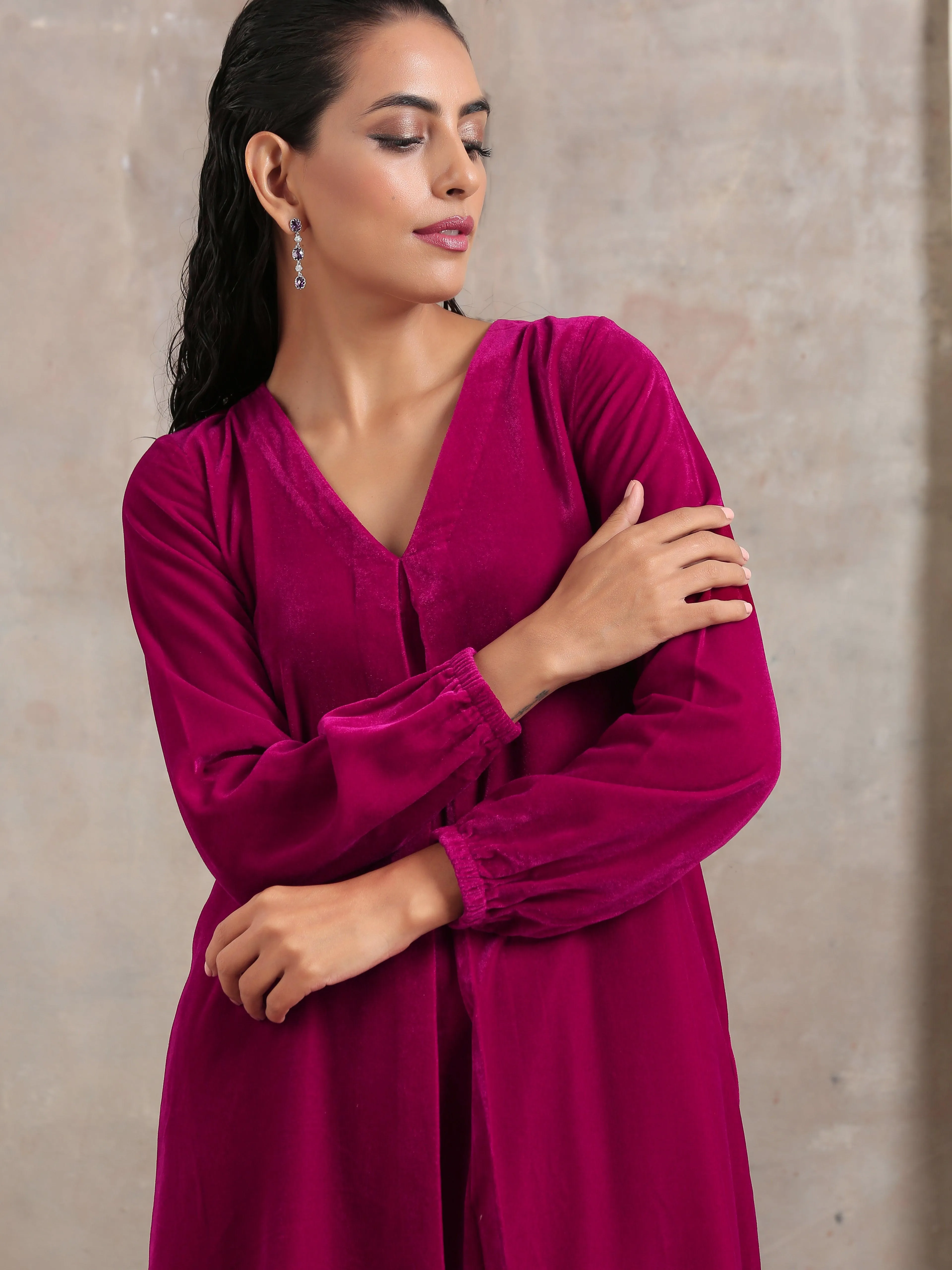 Pink Velvet Pleated Kurta