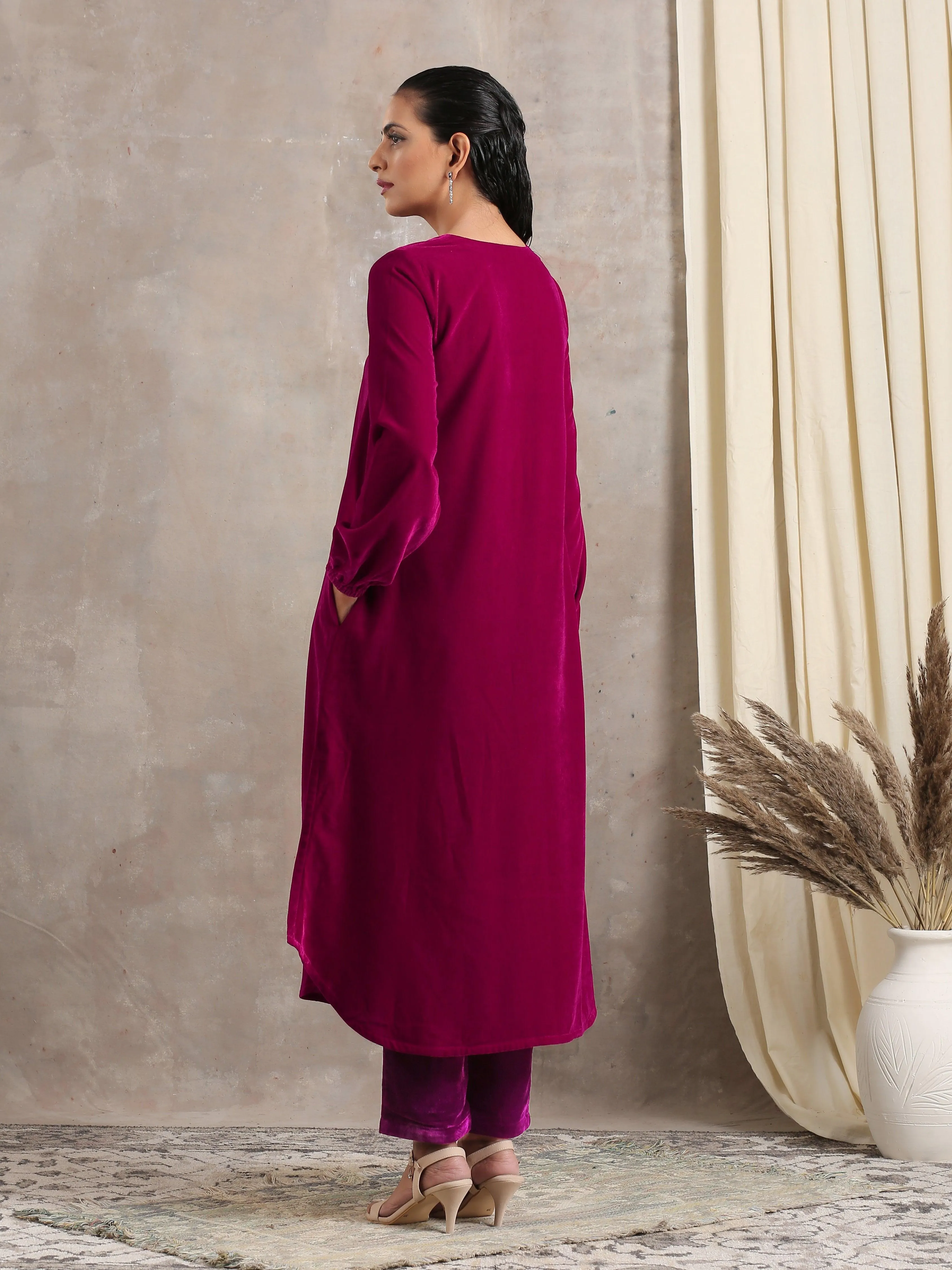 Pink Velvet Pleated Kurta