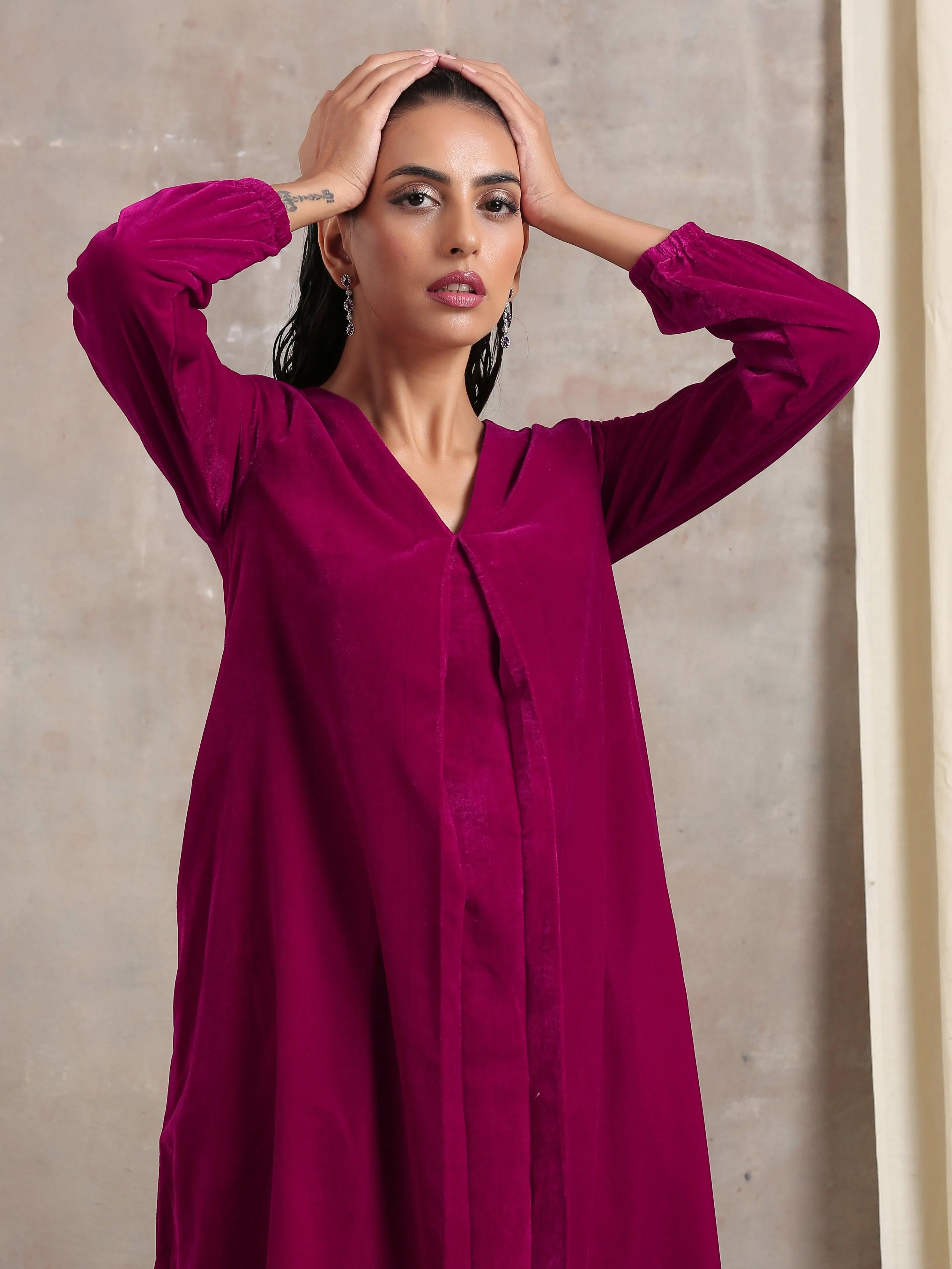 Pink Velvet Pleated Kurta