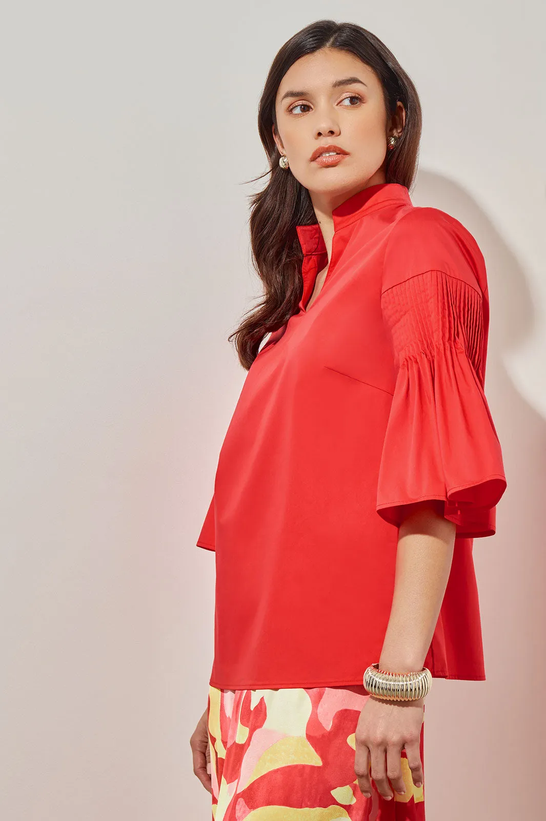 Pleated Bell Sleeve Blouse - Stretch Cotton Blend