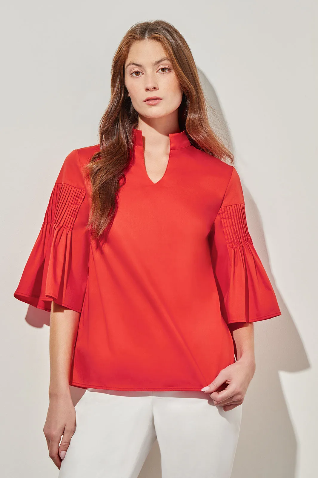 Pleated Bell Sleeve Blouse - Stretch Cotton Blend