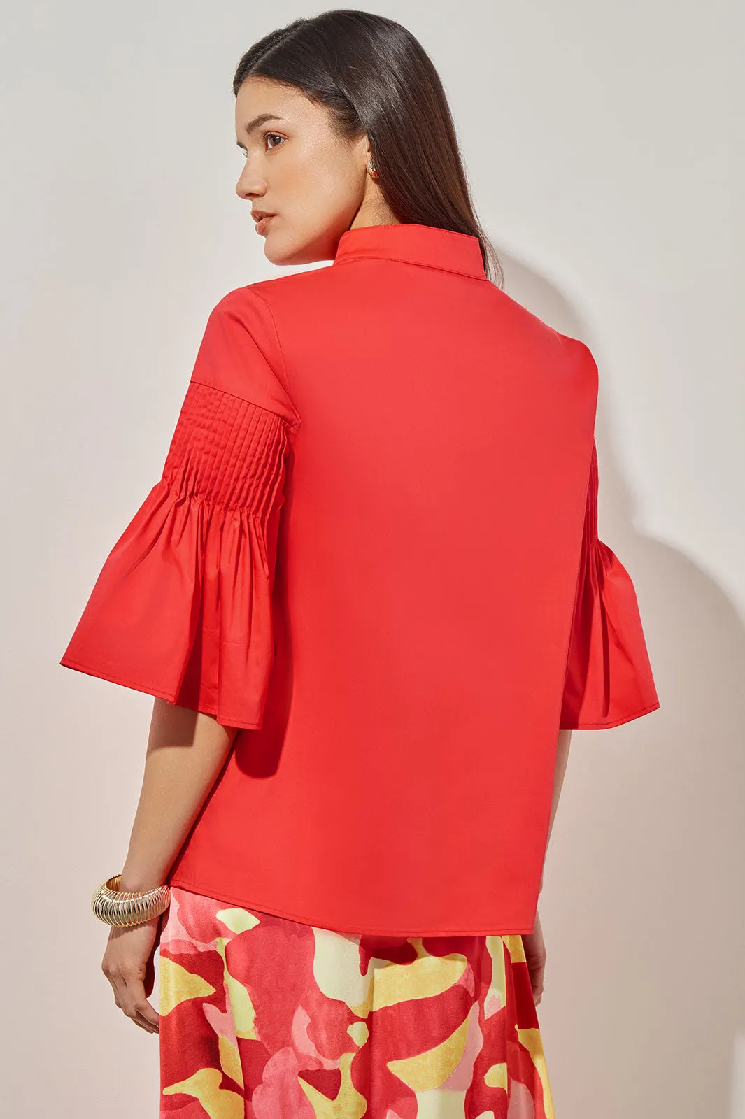 Pleated Bell Sleeve Blouse - Stretch Cotton Blend