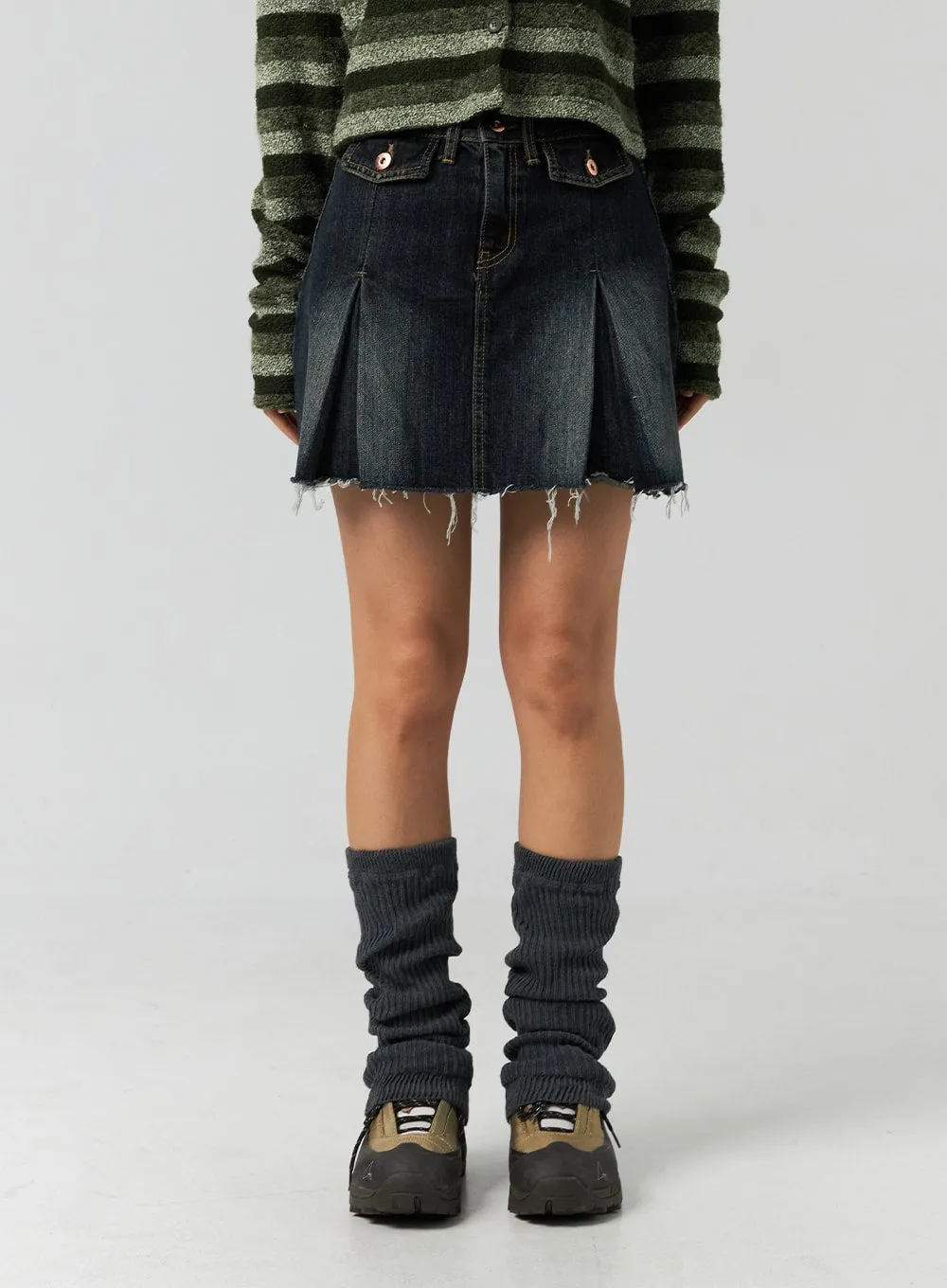 Pleated Raw-Hem Denim Mini Skirt CO323