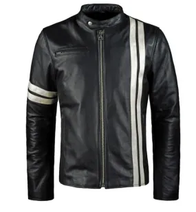 Purchase Best 100%High Quality Mens Black Leather Biker Jacket With White Stripes