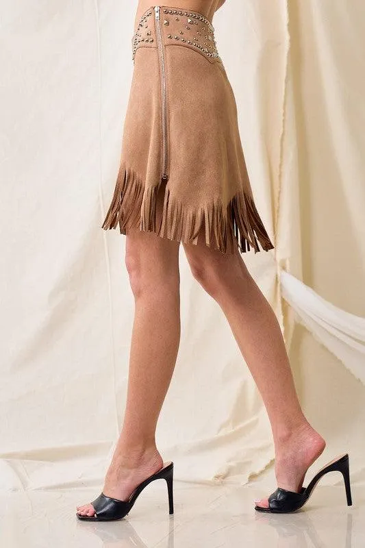 REBECCA THIN SUEDE STUD FRINGE SKIRT