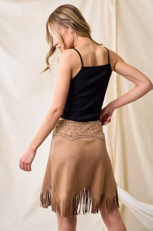 REBECCA THIN SUEDE STUD FRINGE SKIRT