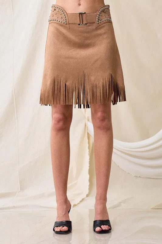 REBECCA THIN SUEDE STUD FRINGE SKIRT