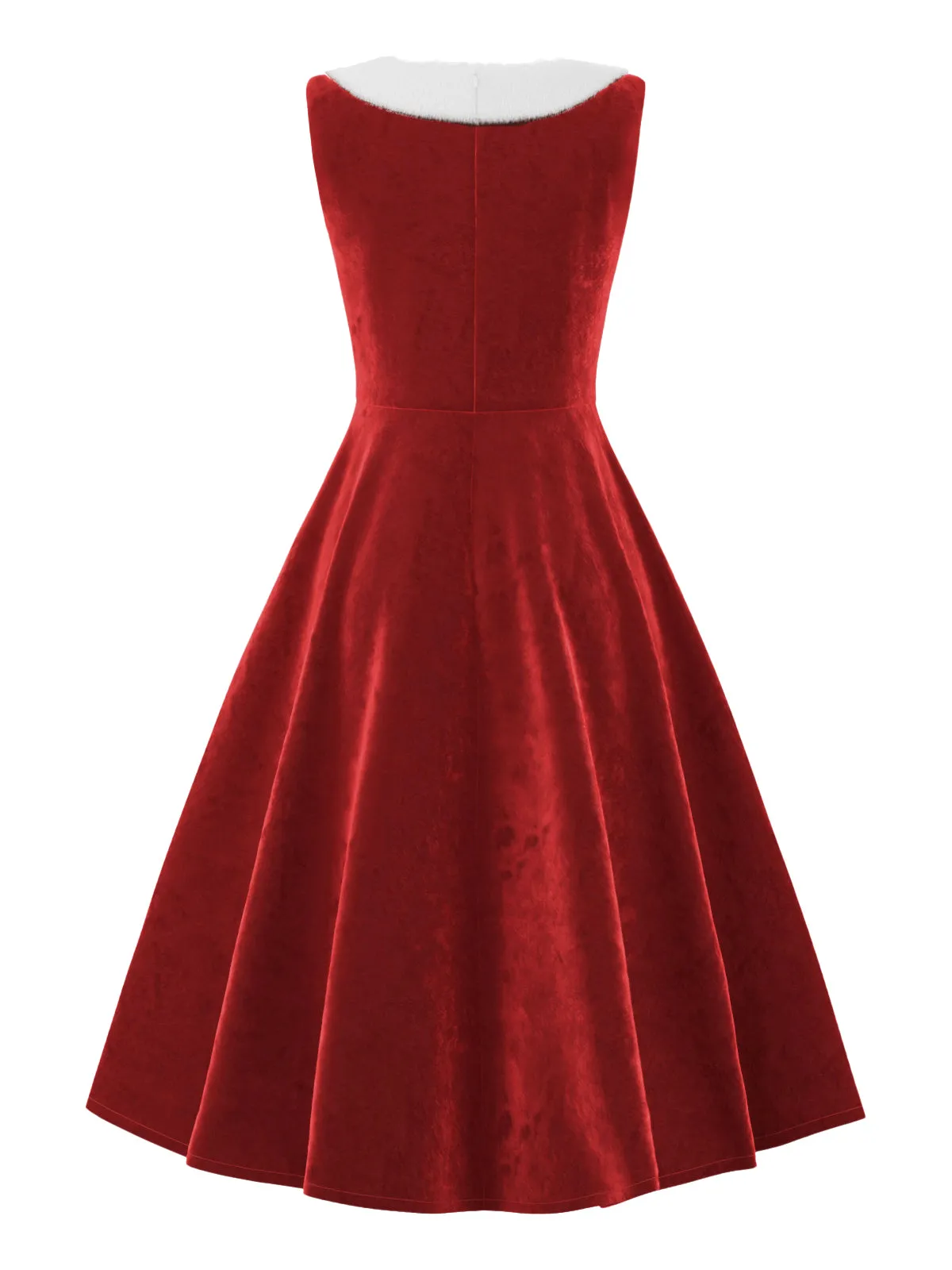 Red 1950s Fur Collar Patchwork Velvet Dress