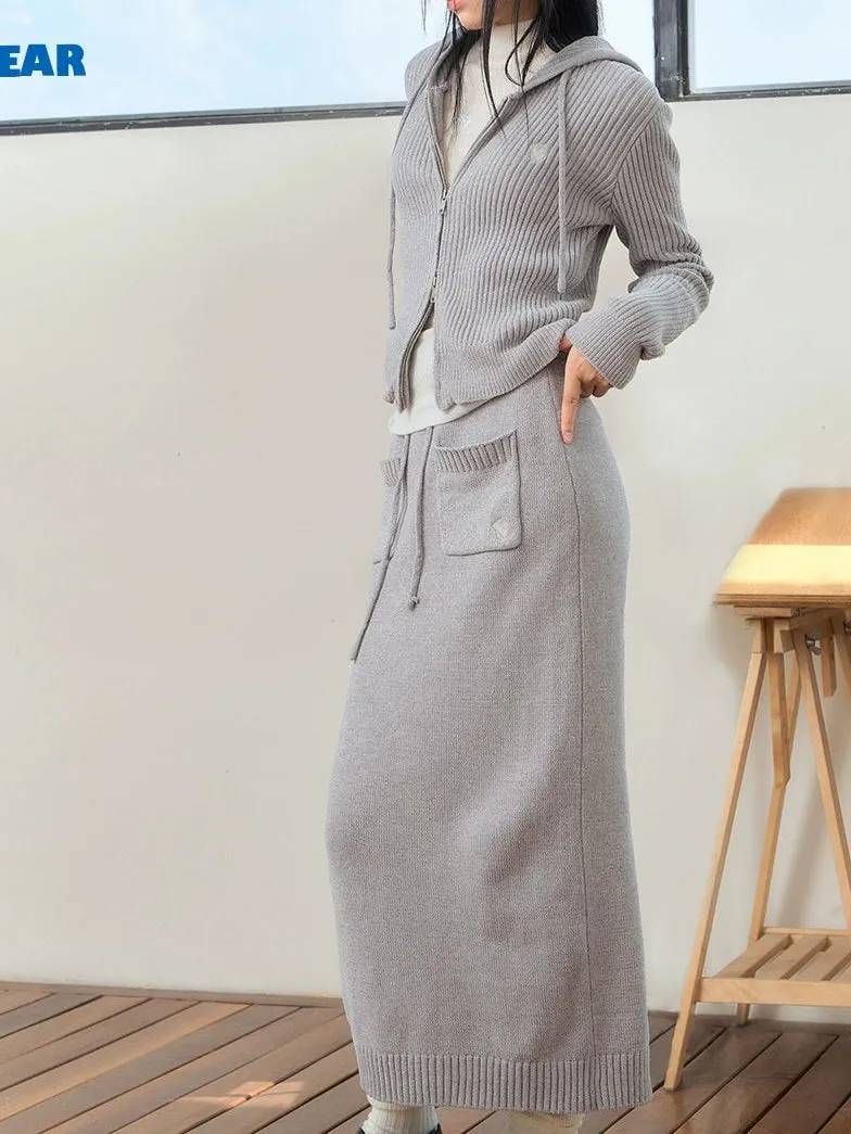 Relaxing Hooded Knitted Parka ＆ Skirt ＆ Pants