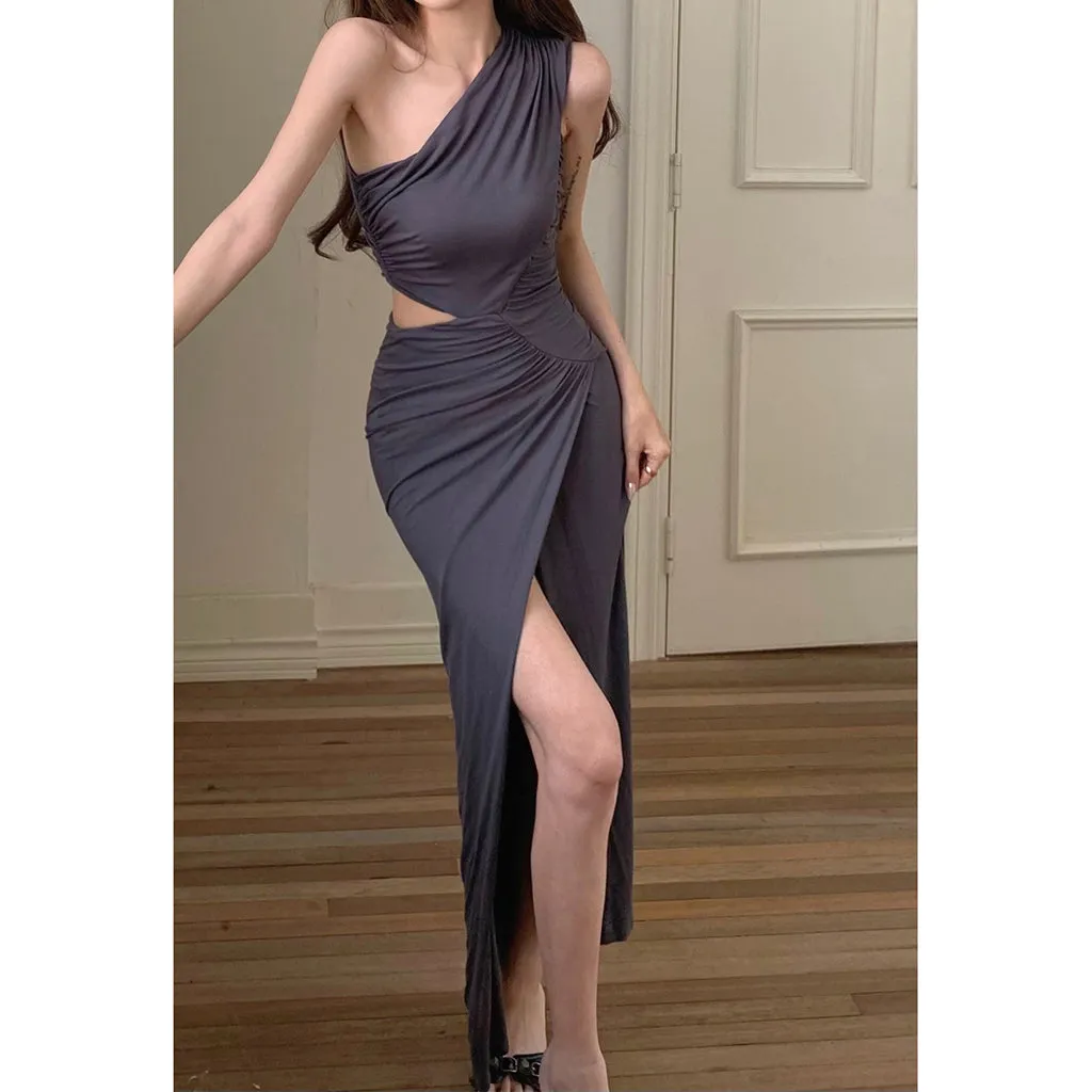 Retro Diagonal Hanging Open Waist Slit Dress