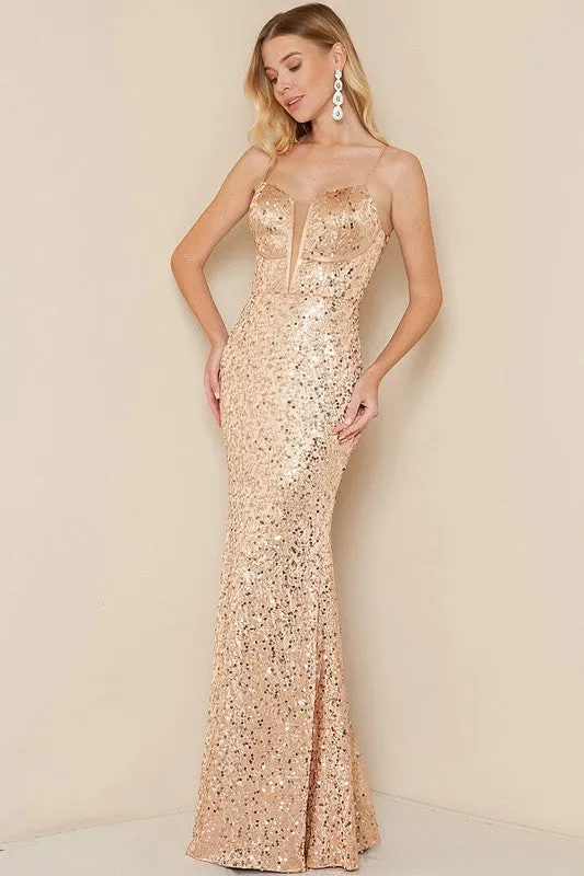 Rose Gold Sequin Maxi Dress With Lace Up Back