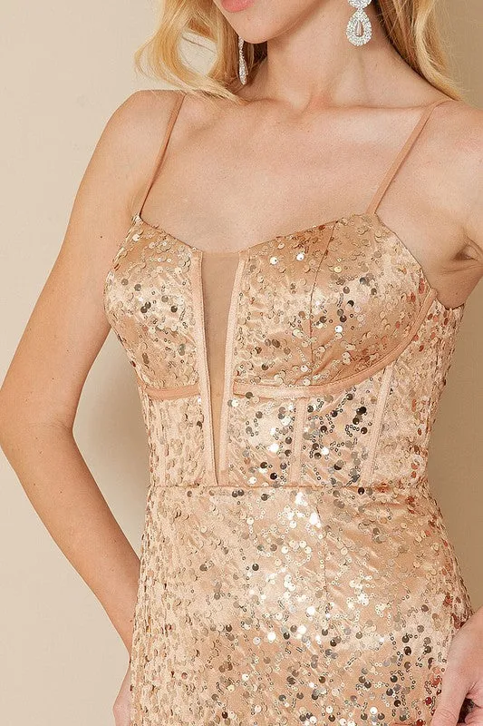 Rose Gold Sequin Maxi Dress With Lace Up Back