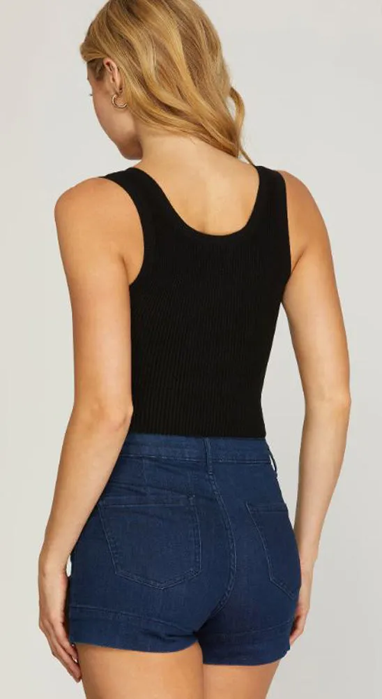 Round Neck Sleeveless Sweater Bodysuit in Black by She   Sky