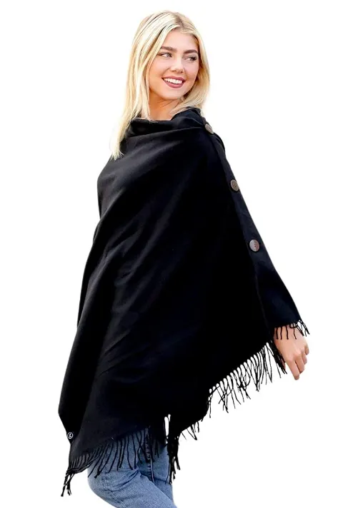 Ruana Blanket Scarf w/Buttons Women’s Large Shawl or Wrap Black