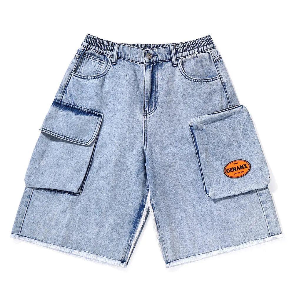 Safari Style Asymmetric Pocket Frayed Denim Shorts