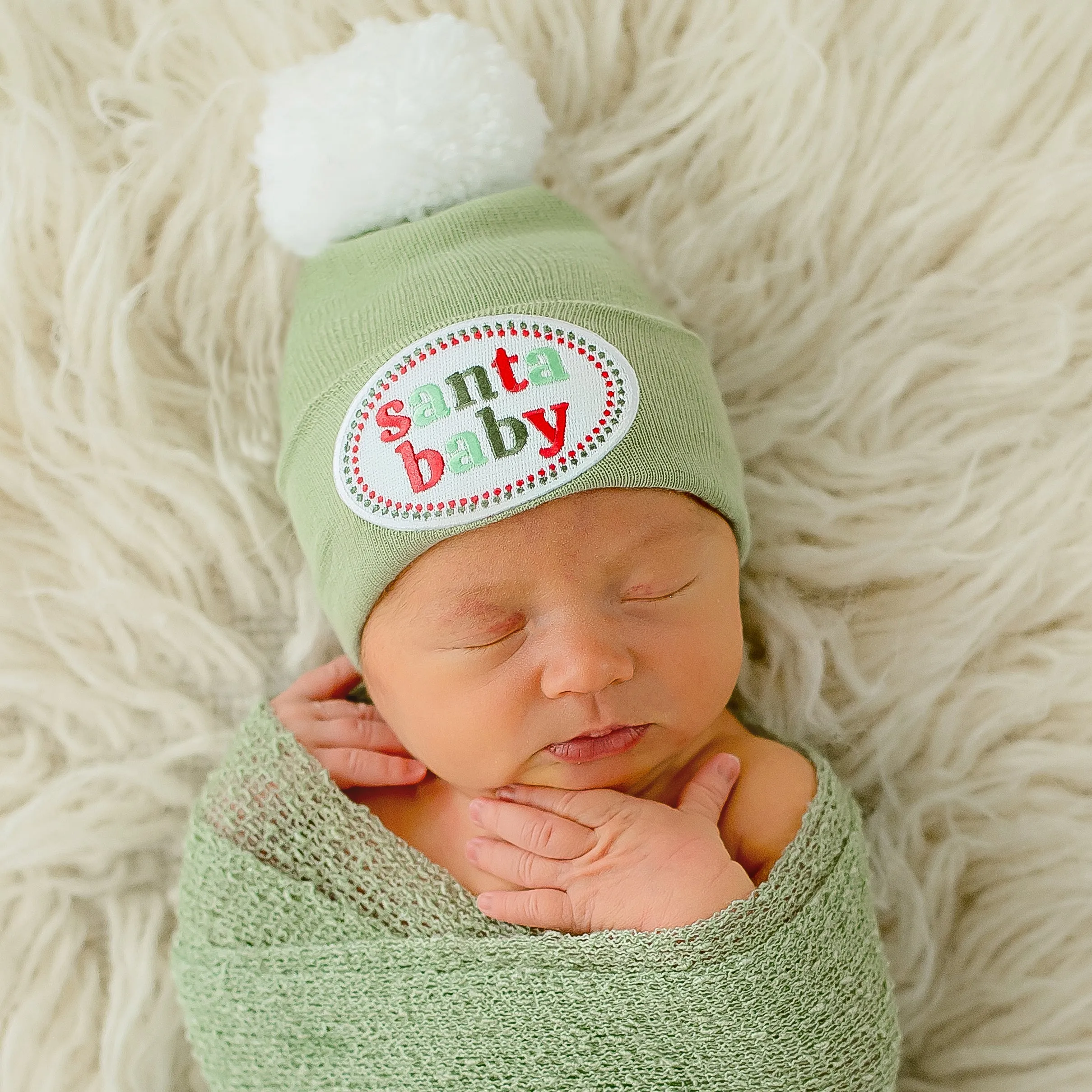 Sage Green Santa Baby with White Pom Pom - Gender Neutral Christmas Hat for Newborns