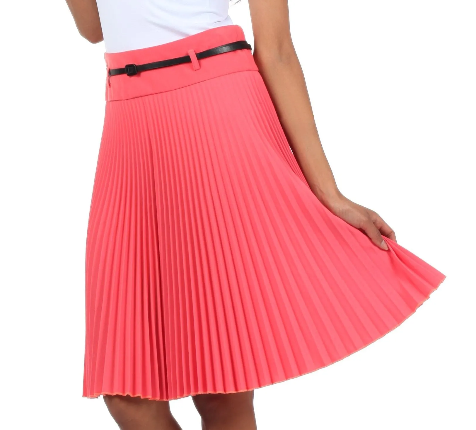 Sakkas Knee Length Pleated A-Line Skirt with Skinny Belt