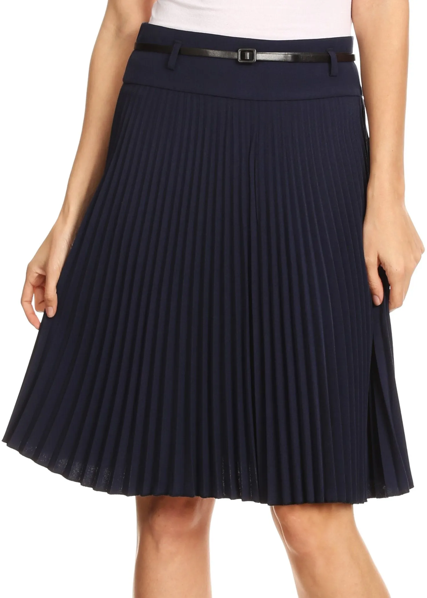 Sakkas Knee Length Pleated A-Line Skirt with Skinny Belt