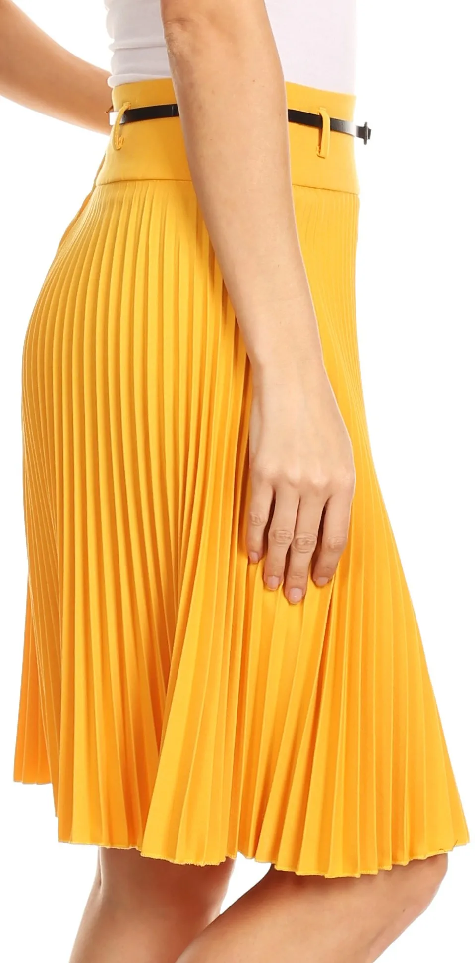 Sakkas Knee Length Pleated A-Line Skirt with Skinny Belt