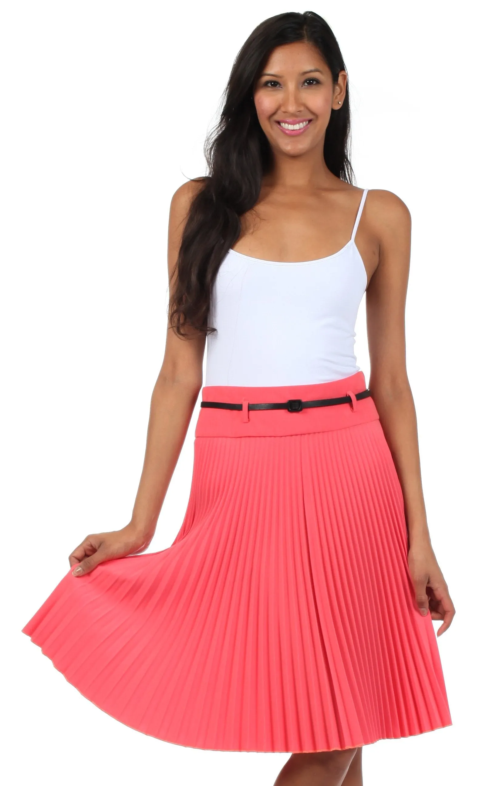 Sakkas Knee Length Pleated A-Line Skirt with Skinny Belt