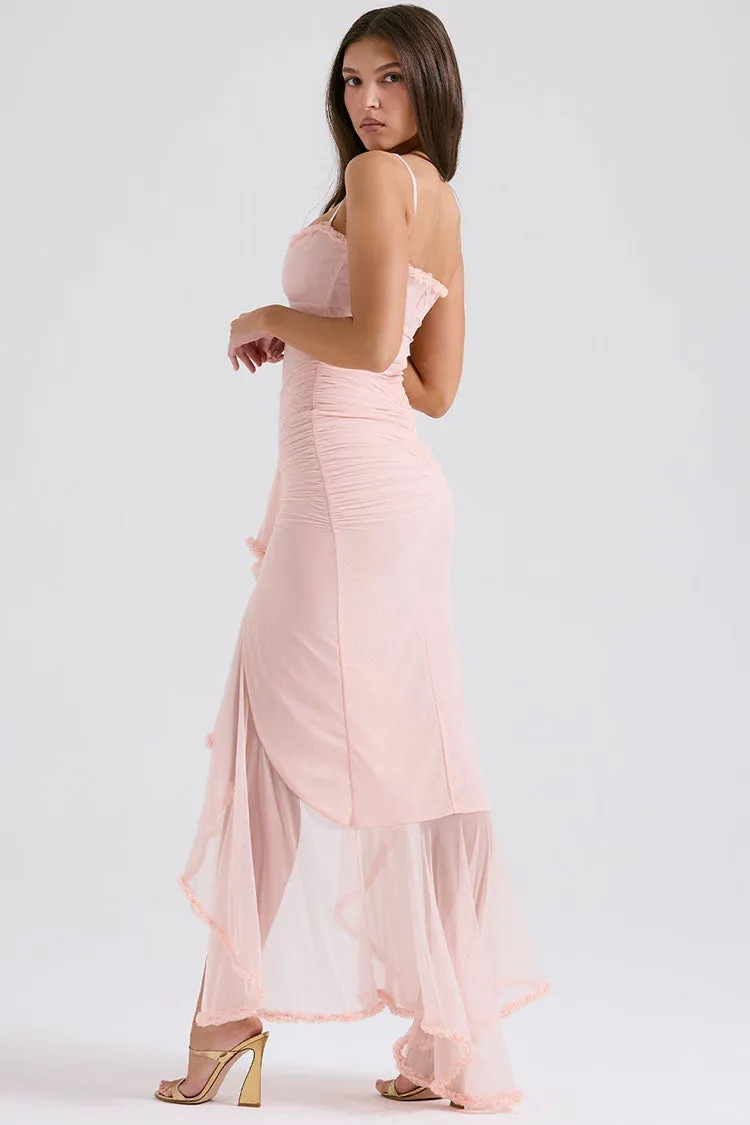 Sexy Ruffle Sweetheart Cutout Ruched Mesh Slip Fishtail High Low Evening Dress