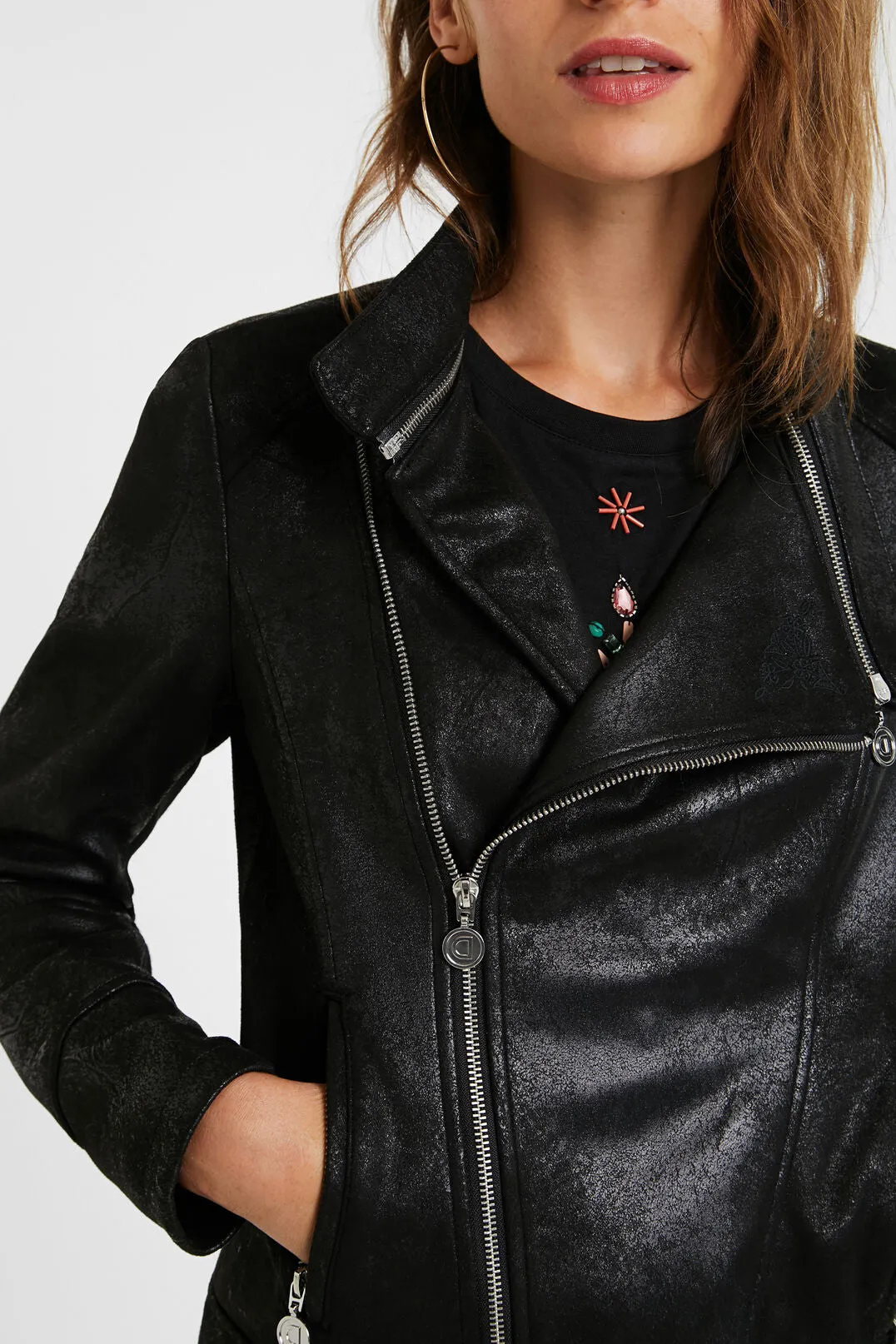 Slim Biker Jacket w/ Embroidery - Black