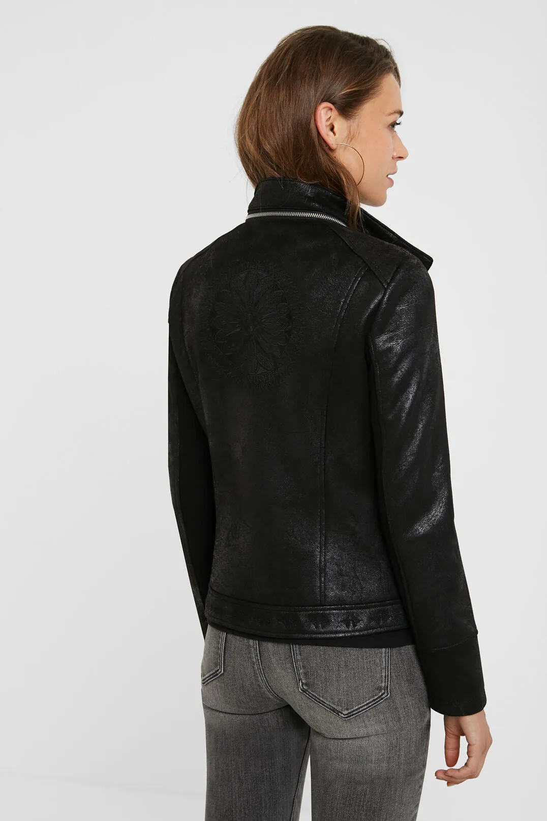 Slim Biker Jacket w/ Embroidery - Black