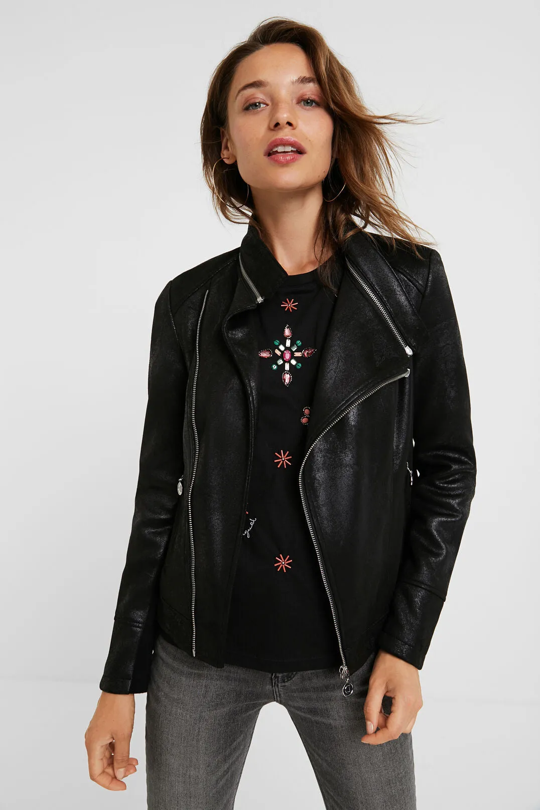 Slim Biker Jacket w/ Embroidery - Black