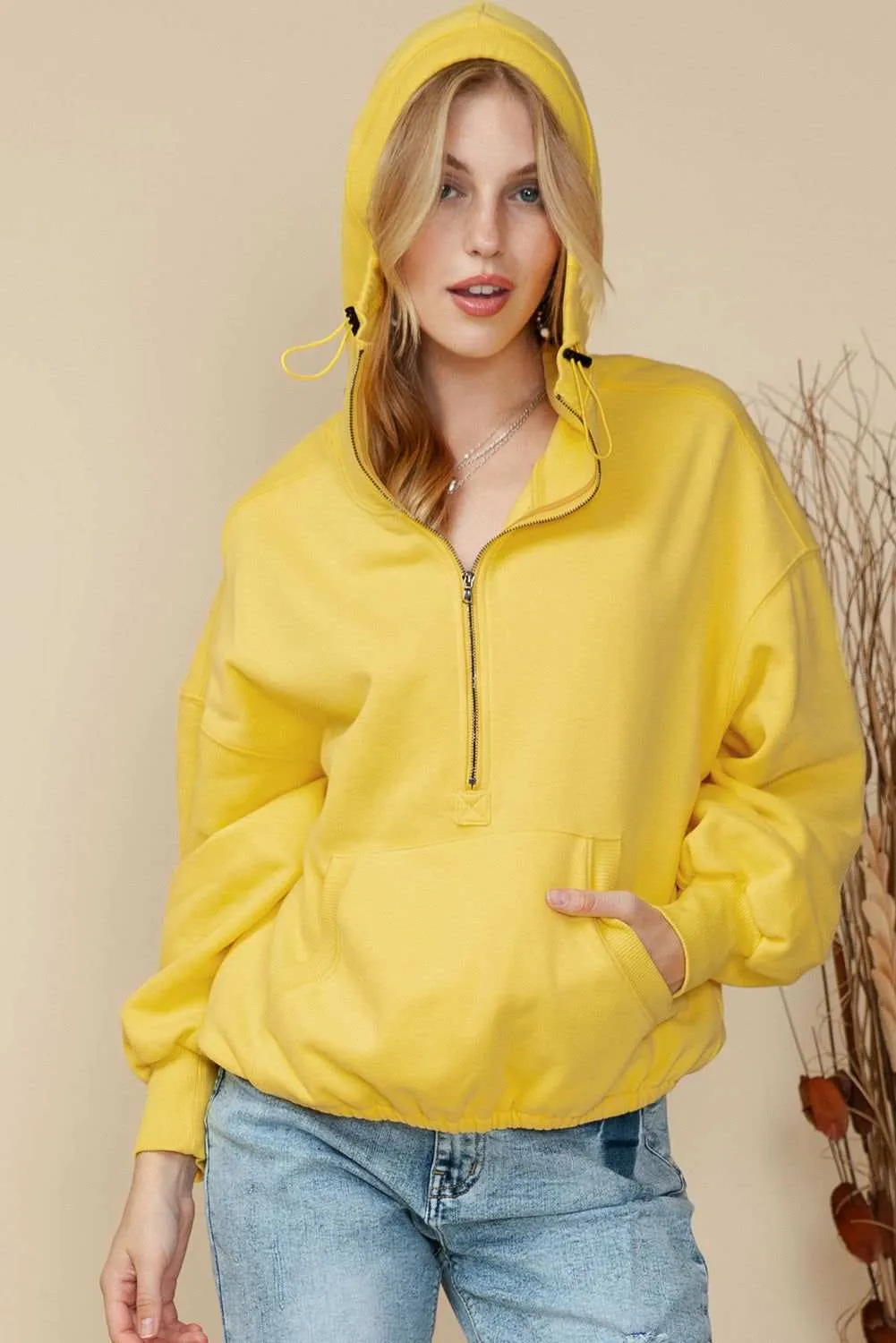 Solid Color Half Zip Pullover Hoodie with Kangaroo Pocket