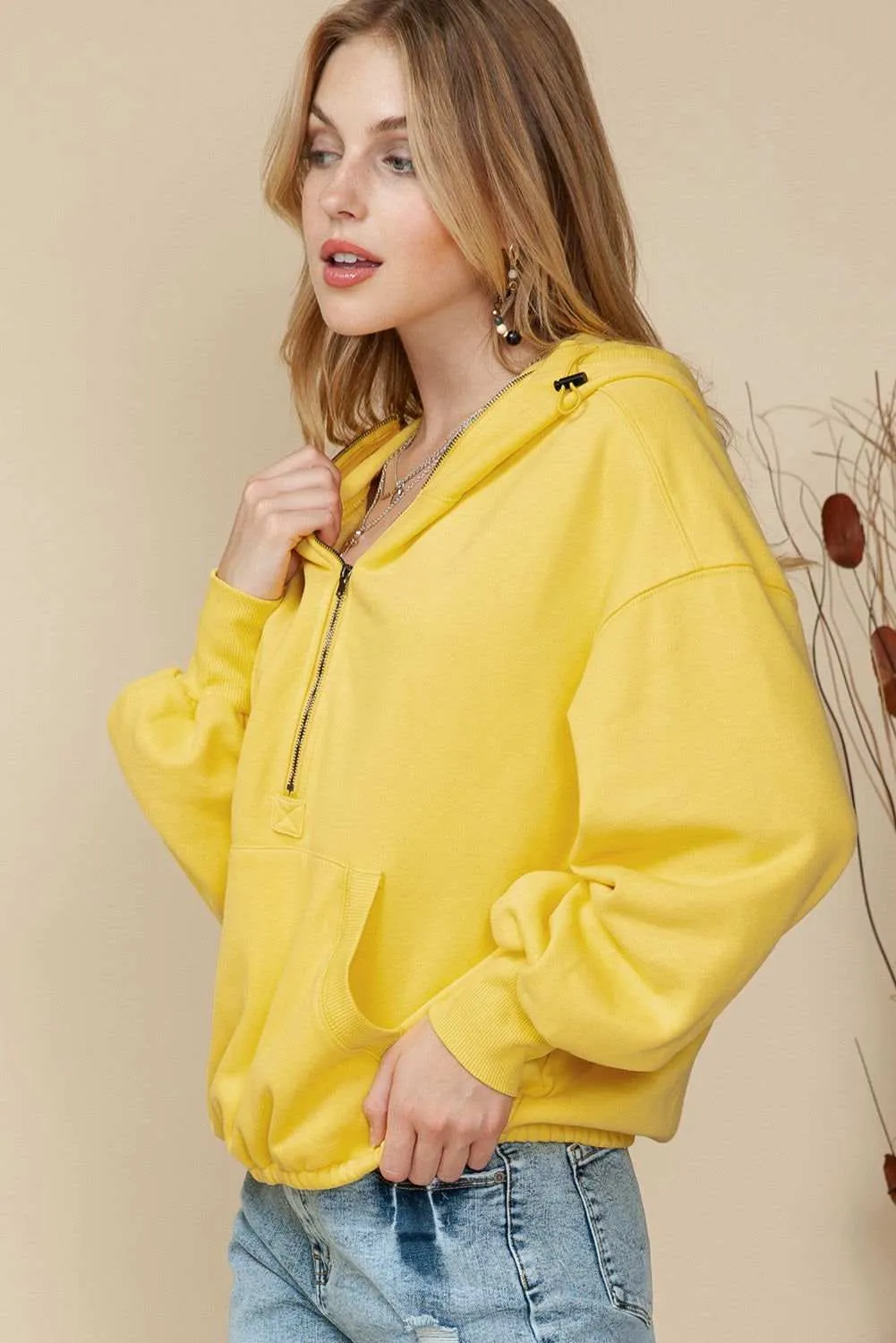 Solid Color Half Zip Pullover Hoodie with Kangaroo Pocket