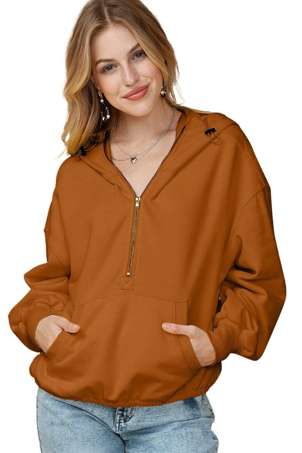 Solid Color Half Zip Pullover Hoodie with Kangaroo Pocket