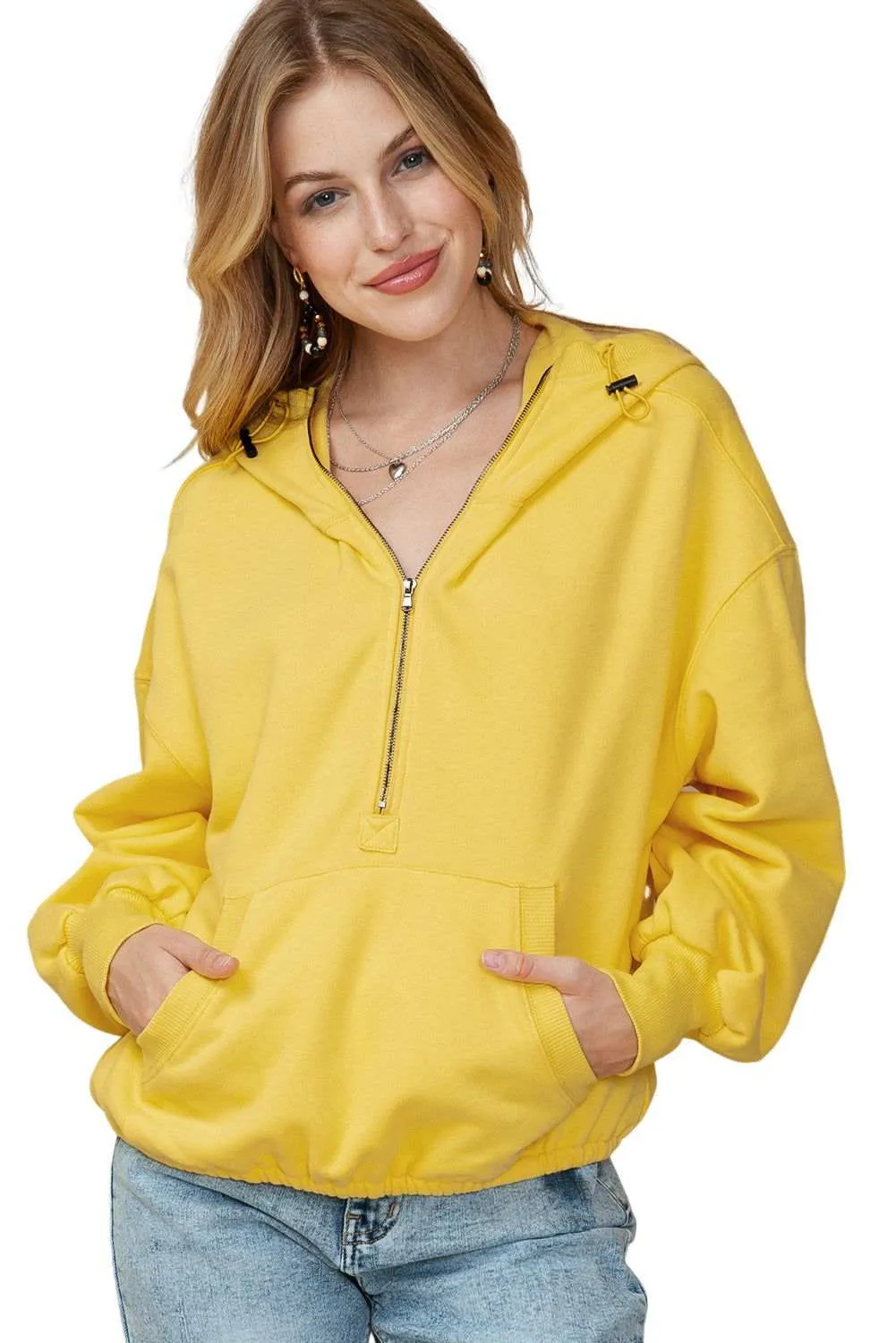 Solid Color Half Zip Pullover Hoodie with Kangaroo Pocket