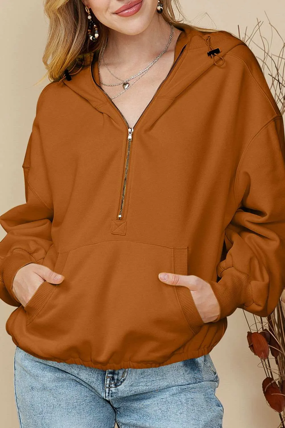 Solid Color Half Zip Pullover Hoodie with Kangaroo Pocket