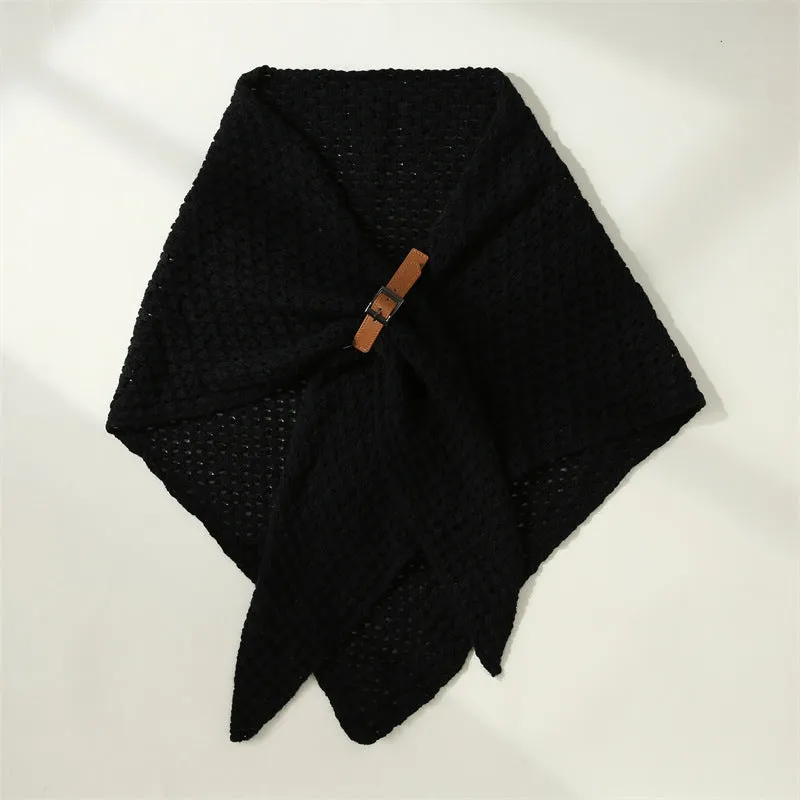 Solid color leather buckle knitted shawl women's winter wool scarf cold protection warm scarf